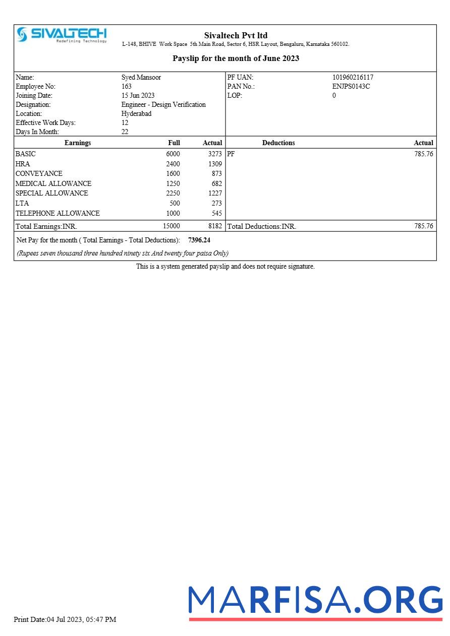 Realistic Sivaltech payslip real example